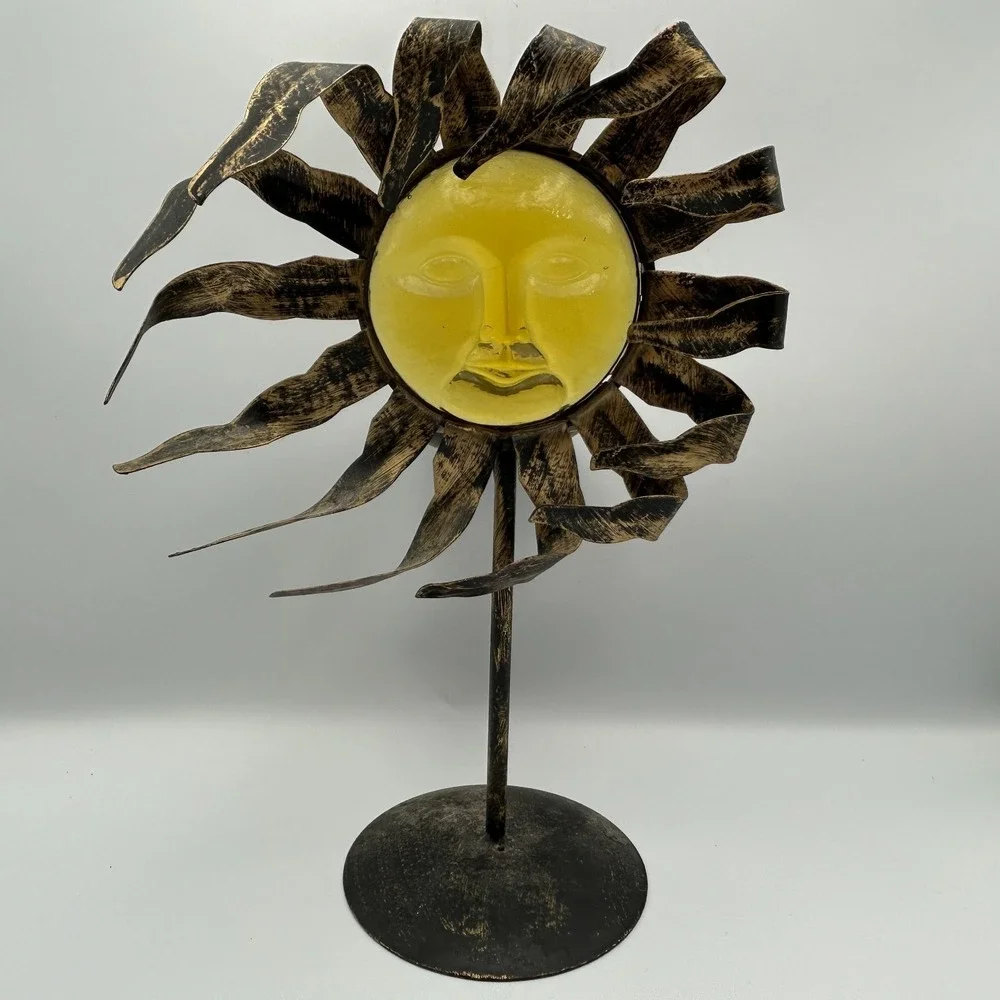 Celestial Sun 90s Y2K Face Metal Bronze Candle Holder Stand Amber Glass Zodiac